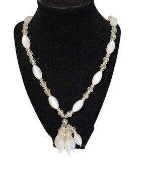 Vintage Lucite? Acrylic? Plastic? White Clear Beaded Tassel Necklace 24"